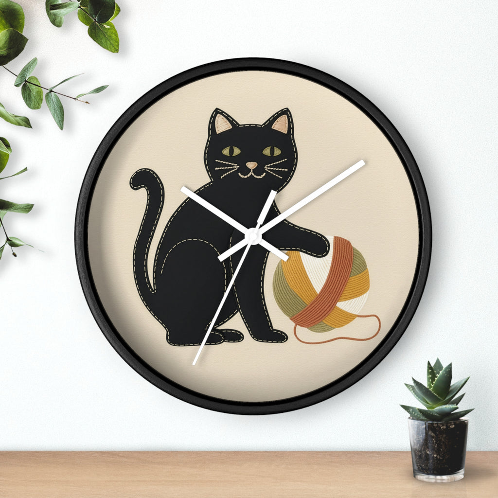 Black Cat Yarn Wall Clock, Modern Minimalist Cat Decor, Knitting & Crochet Lover Gift, Playful Nursery or Craft Room Clock