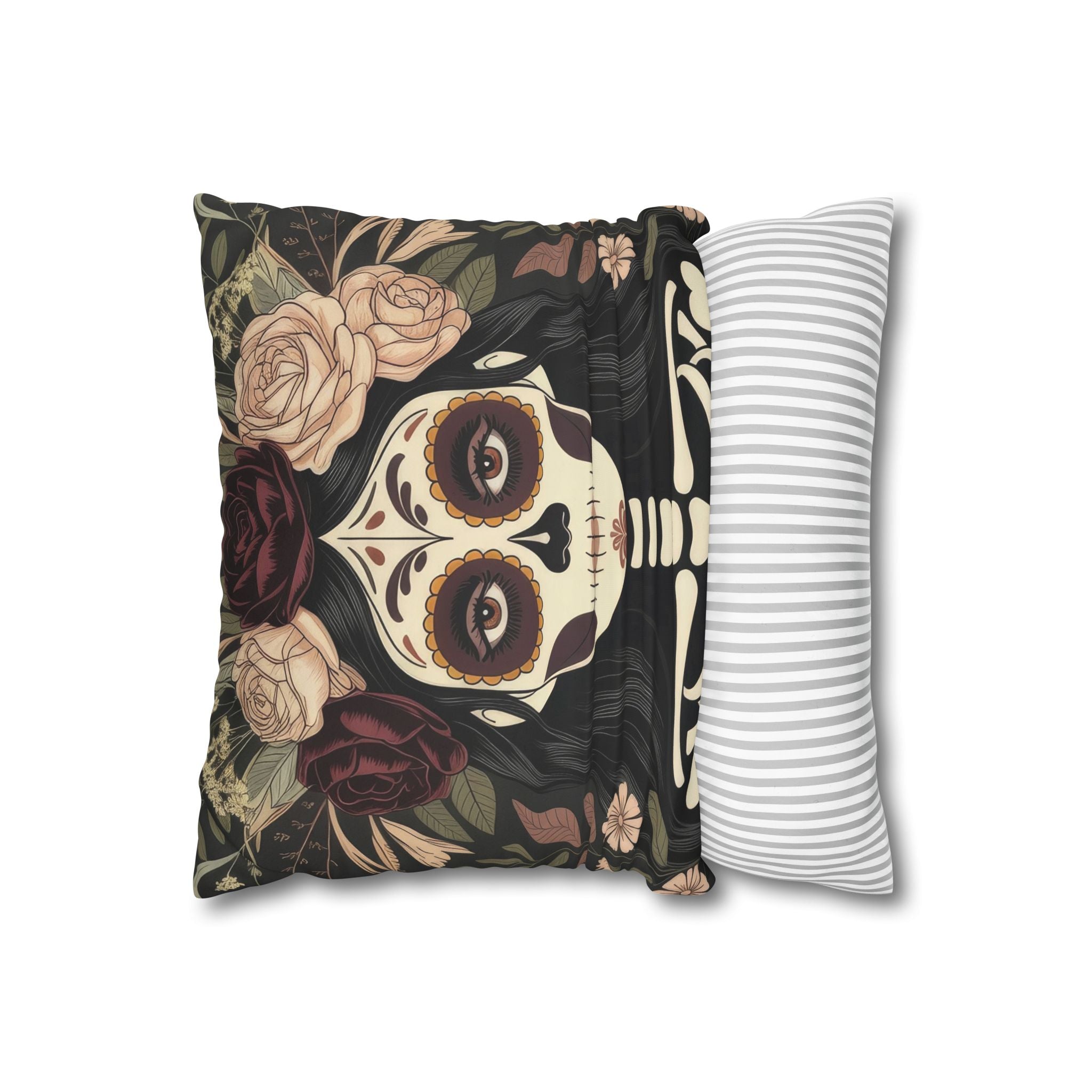 Gothic La Catrina Throw Pillow | Faux Suede Sugar Skull Cushion Cover, Dark Boho Decor