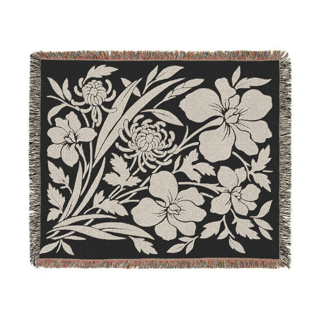 Neutral Japanese-Inspired Midnight Botanicals Floral Pattern Woven Blanket | Botanical Throw, Fringe Edge