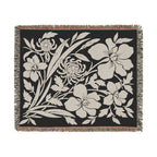 Neutral Japanese-Inspired Midnight Botanicals Floral Pattern Woven Blanket | Botanical Throw, Fringe Edge