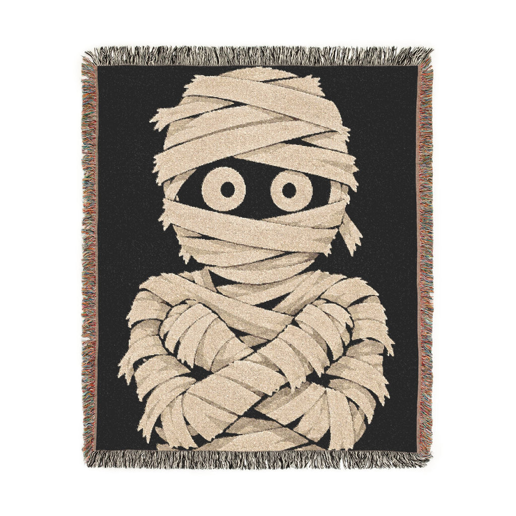 Front view of mummy woven throw blanket with colorful fringe