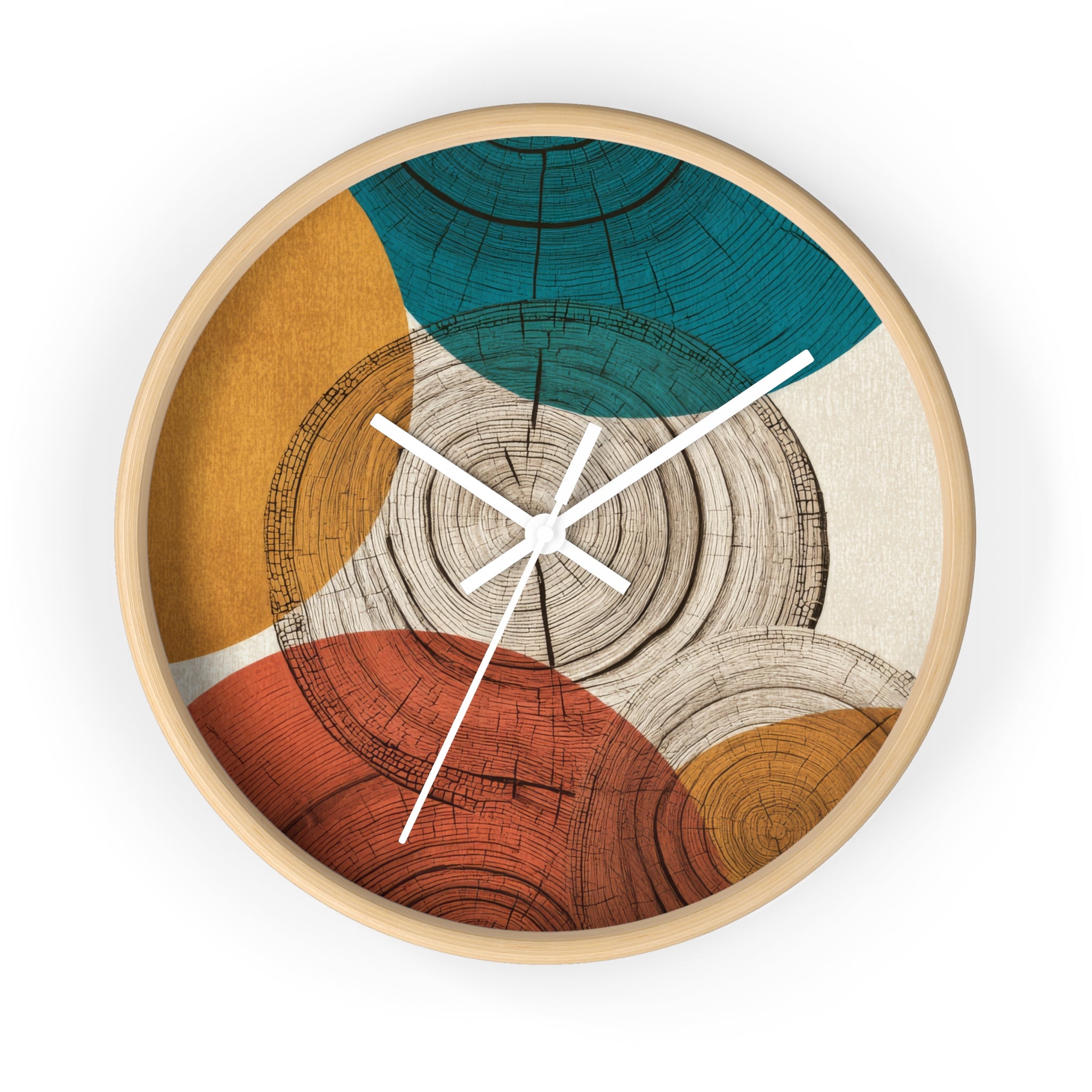Mid Century Modern Clock | Abstract Tree Ring Wall Art, Atomic Geometric Woodgrain Circles in Teal, Ochre + Rust