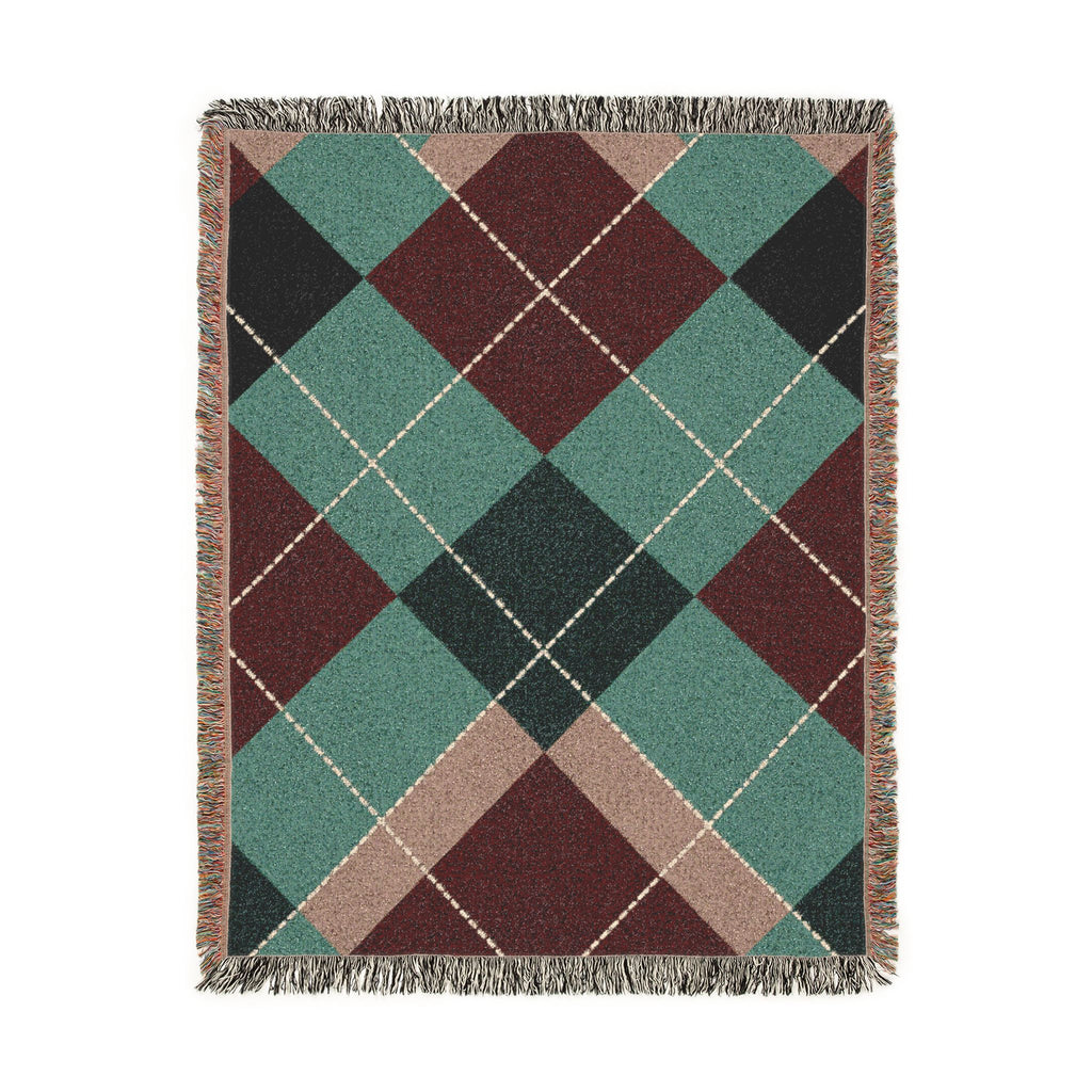 Teal Burgundy Argyle Woven Blanket | Geometric Plaid Throw