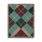 Teal Burgundy Argyle Woven Blanket | Geometric Plaid Throw