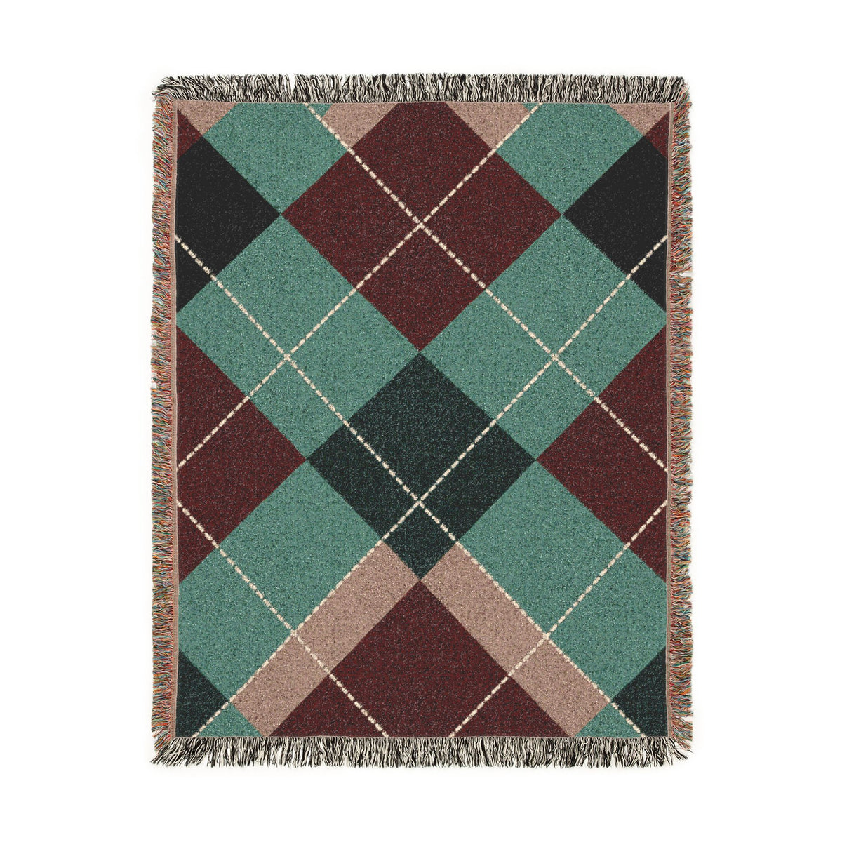Teal Burgundy Argyle Woven Blanket | Geometric Plaid Throw