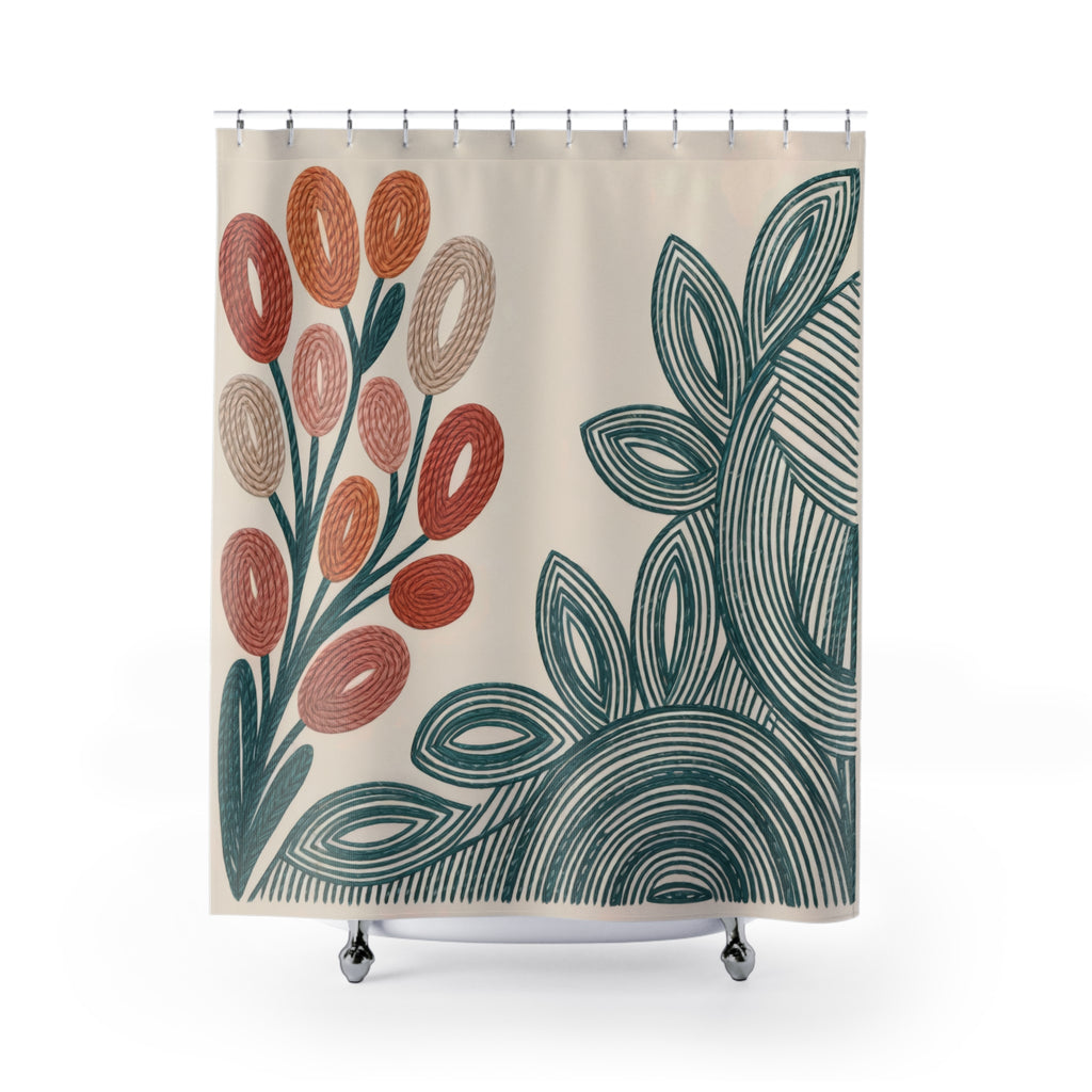 Copy of Modern Folk Botanical Terracotta Teal Shower Curtain | Mid-Century Floral Boho