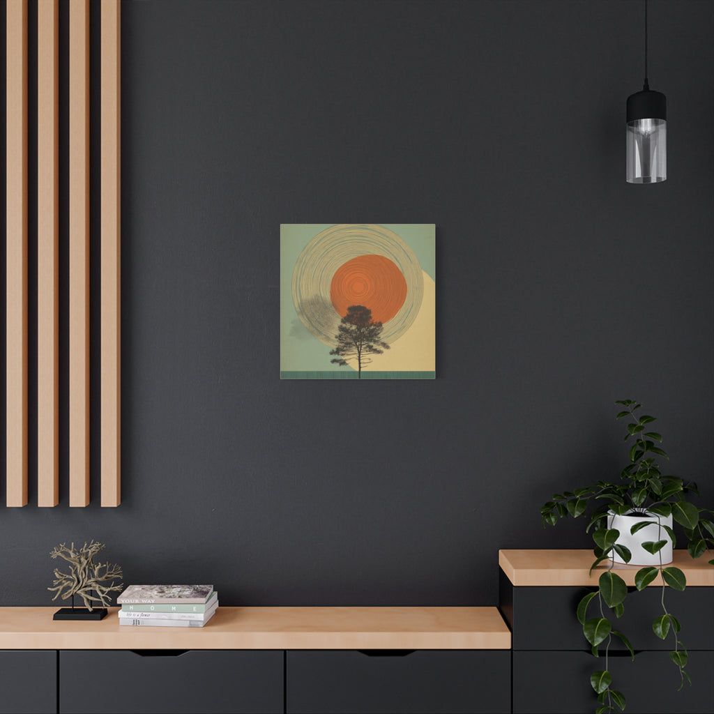 Tree Ring Wall Art | Mid Century Wall Art | Abstract Canvas Of Sun And Tree Nature Landscape