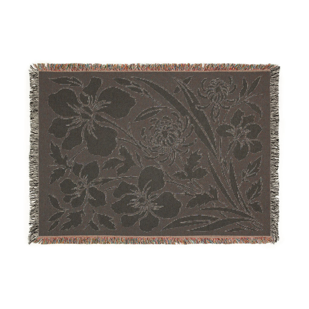 Neutral Japanese-Inspired Midnight Botanicals Floral Pattern Woven Blanket | Botanical Throw, Fringe Edge