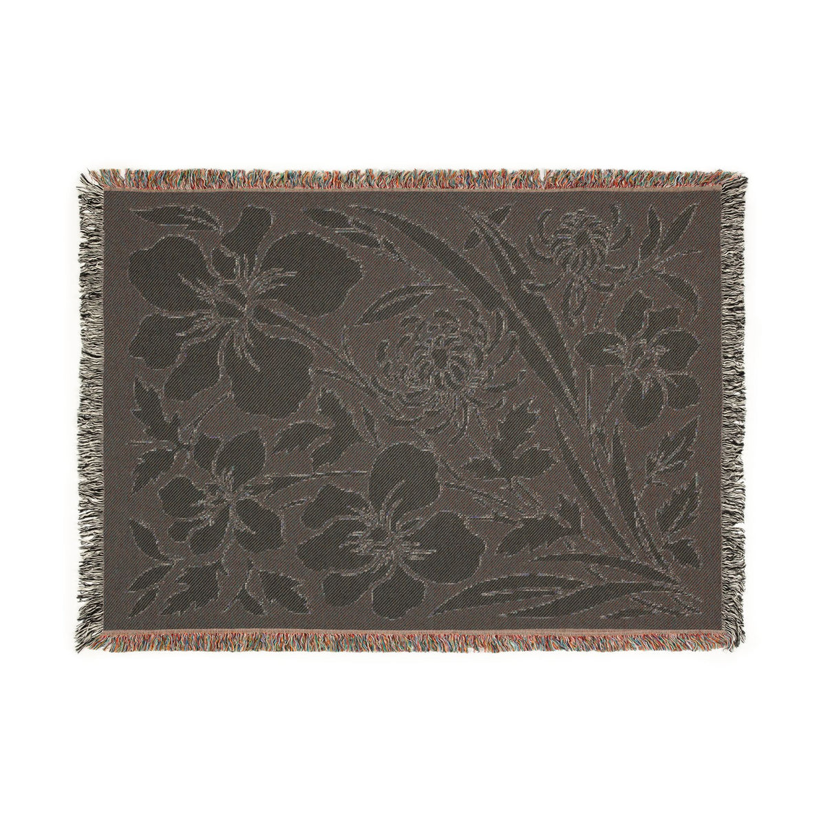 Neutral Japanese-Inspired Midnight Botanicals Floral Pattern Woven Blanket | Botanical Throw, Fringe Edge