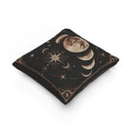 Warm moon phases woven pillow shown at an angle with celestial star details