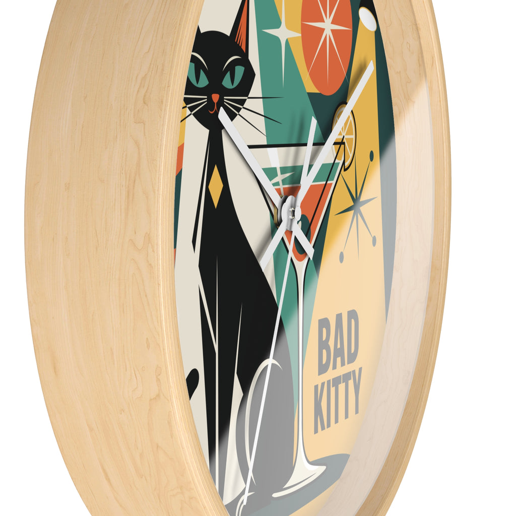 Bad Kitty Retro Cat Martini Wall Clock | Mid Century Modern Kitchen Decor