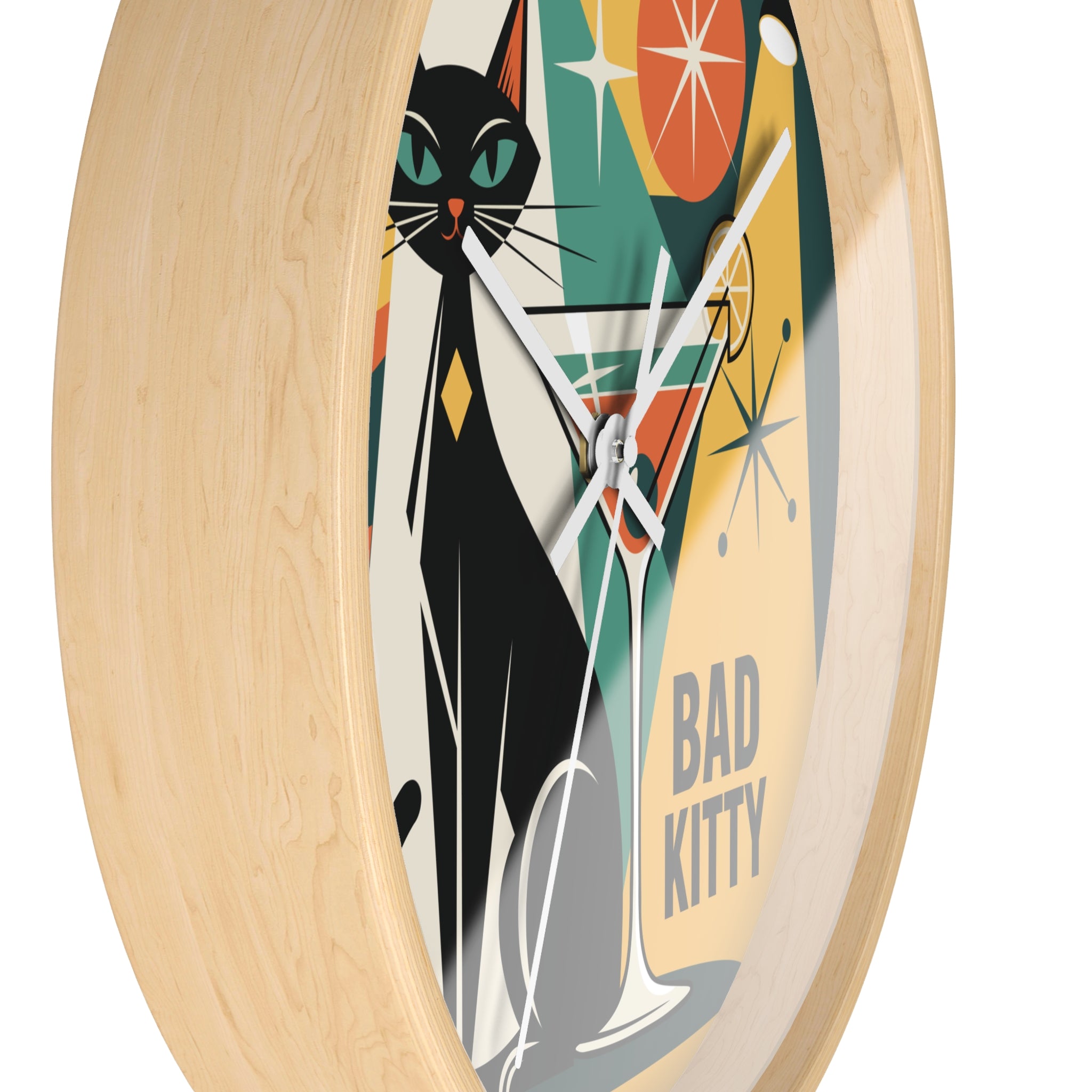 Bad Kitty Retro Cat Martini Wall Clock | Mid Century Modern Kitchen Decor