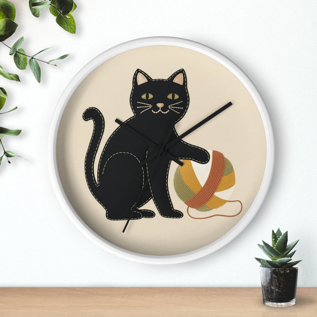 Black Cat Yarn Wall Clock, Modern Minimalist Cat Decor, Knitting & Crochet Lover Gift, Playful Nursery or Craft Room Clock