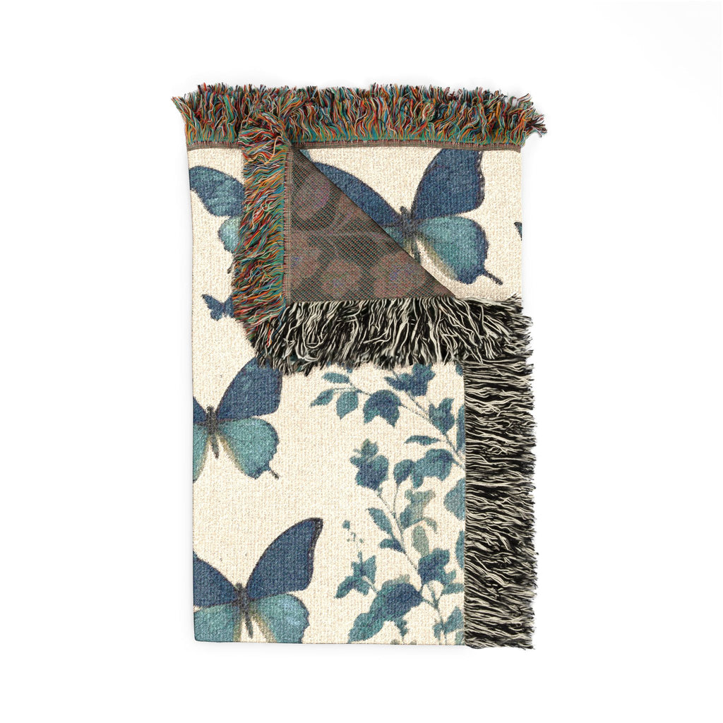 Blue Butterfly Botanical Woven Blanket | Cottagecore Throw