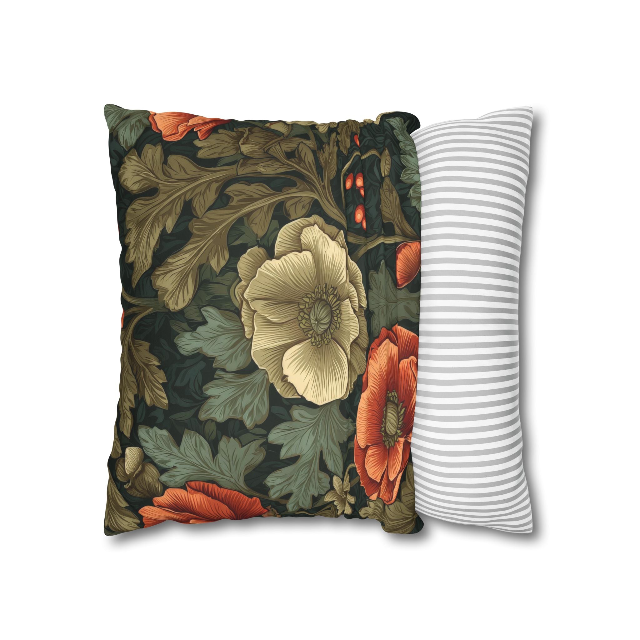 William Morris Inspired Poppy Garden Faux Suede Square Pillowcase