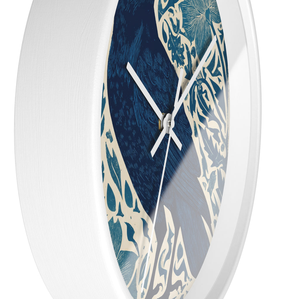 Linocut Raven Floral Wall Clock | Woodblock Style Vine Pattern