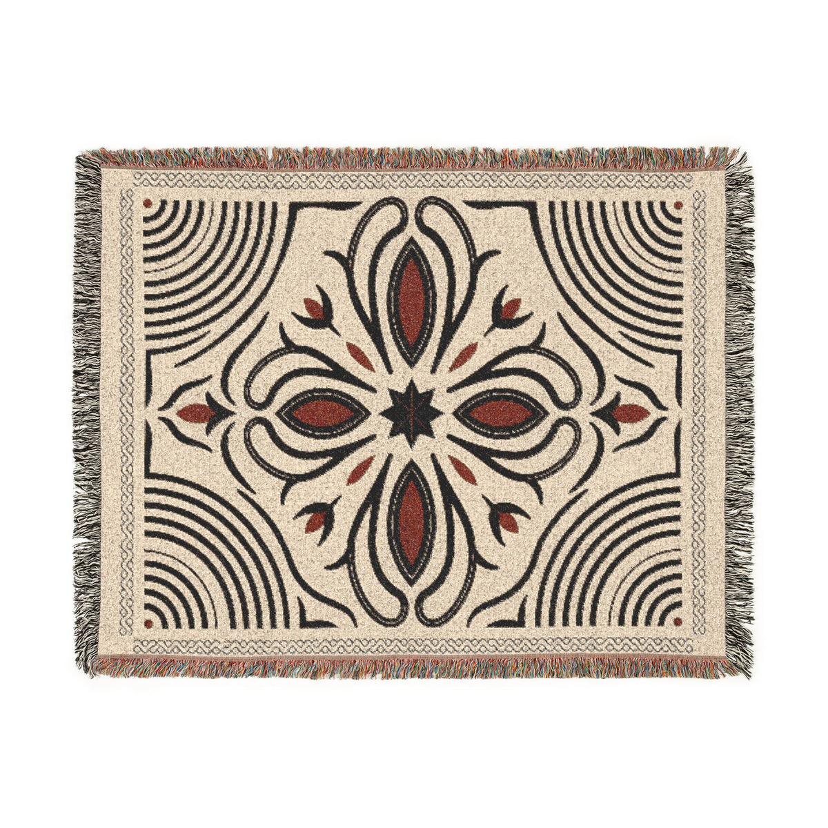 Boho Floral Medallion Woven Blanket | Southwestern Tile Pattern, Fringe Throw