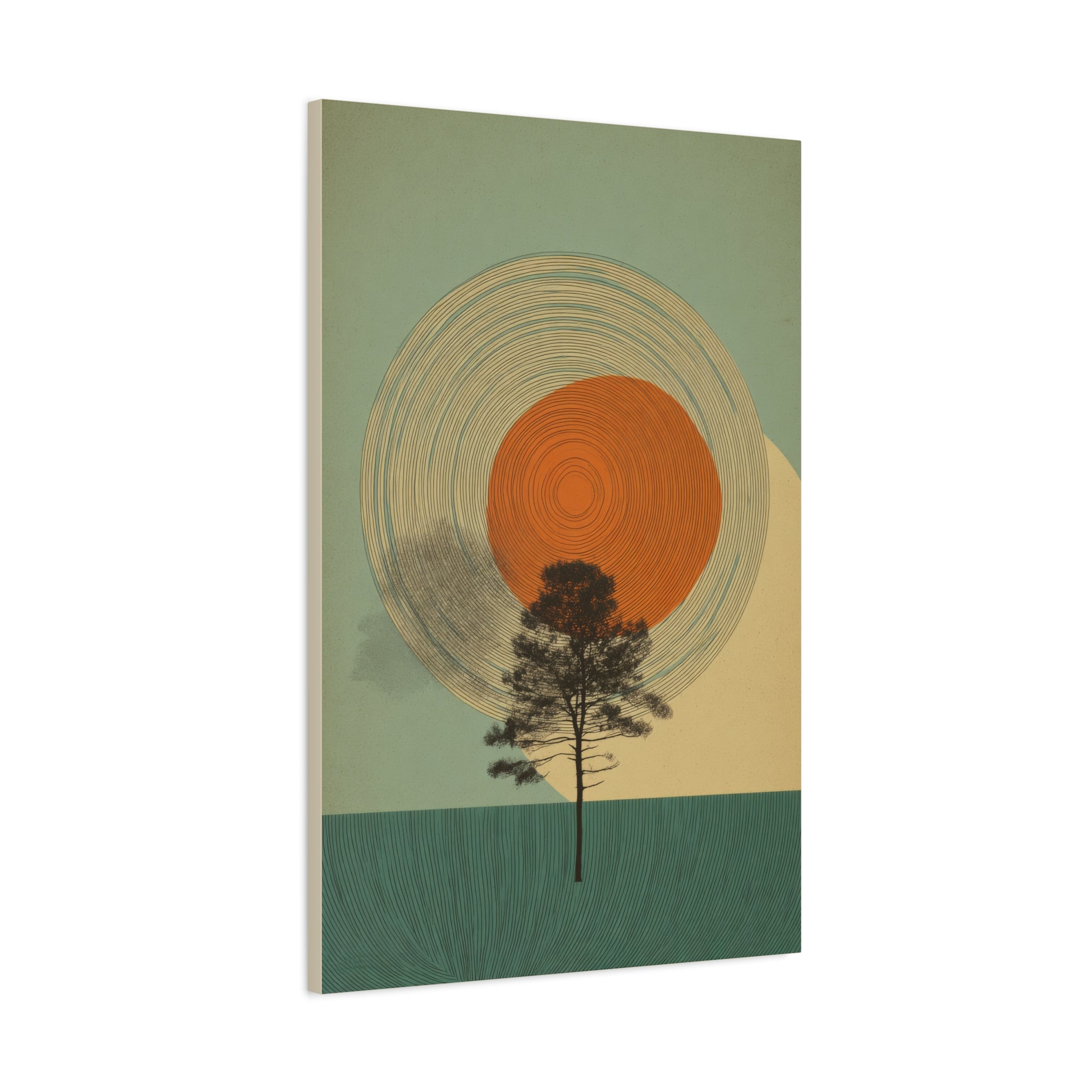 Tree Ring Wall Art | Mid Century Wall Art | Abstract Canvas Of Sun And Tree Nature Landscape