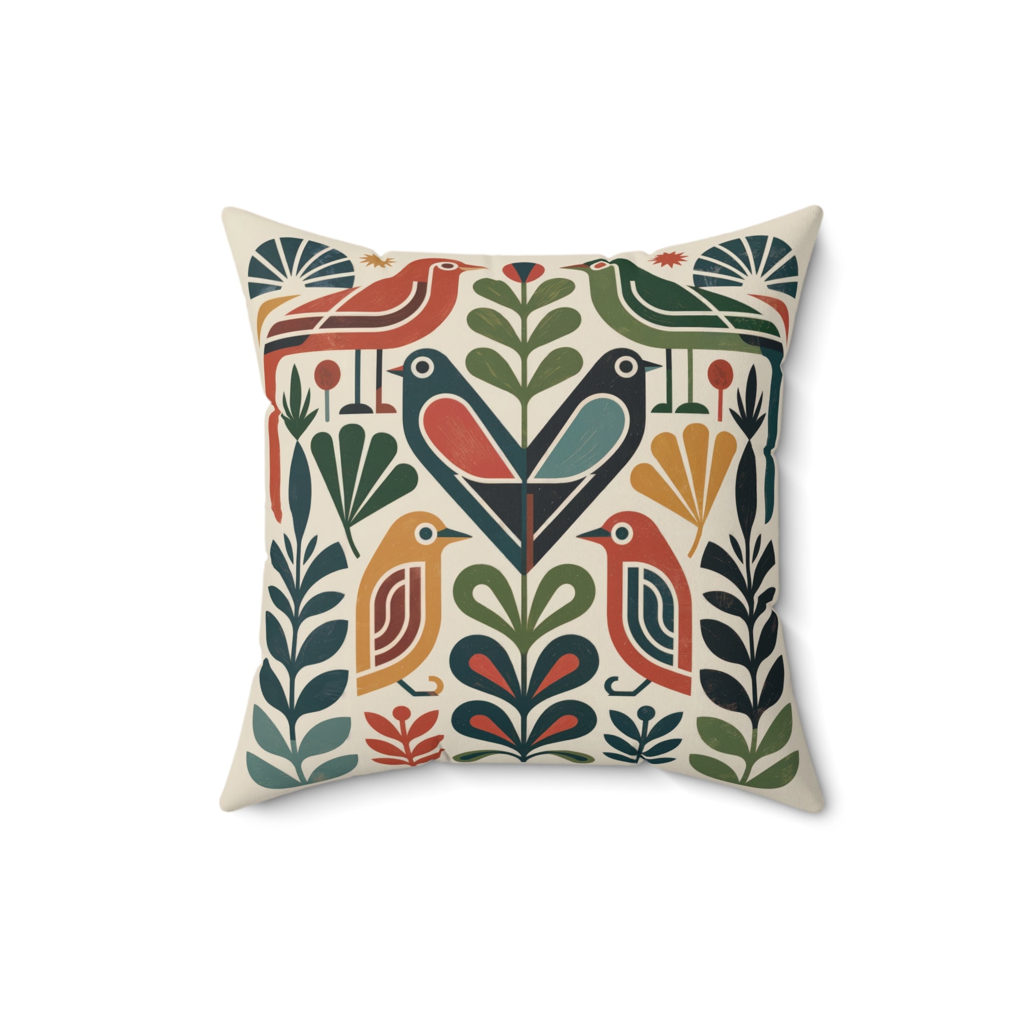 Mid-Century Folk Bird Throw Pillow, Geometric Botanical Cushion, Retro Modern Accent Pillow
