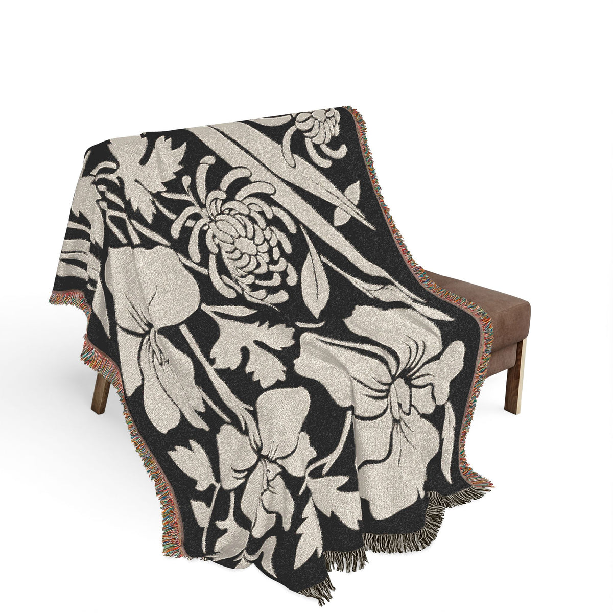 Neutral Japanese-Inspired Midnight Botanicals Floral Pattern Woven Blanket | Botanical Throw, Fringe Edge