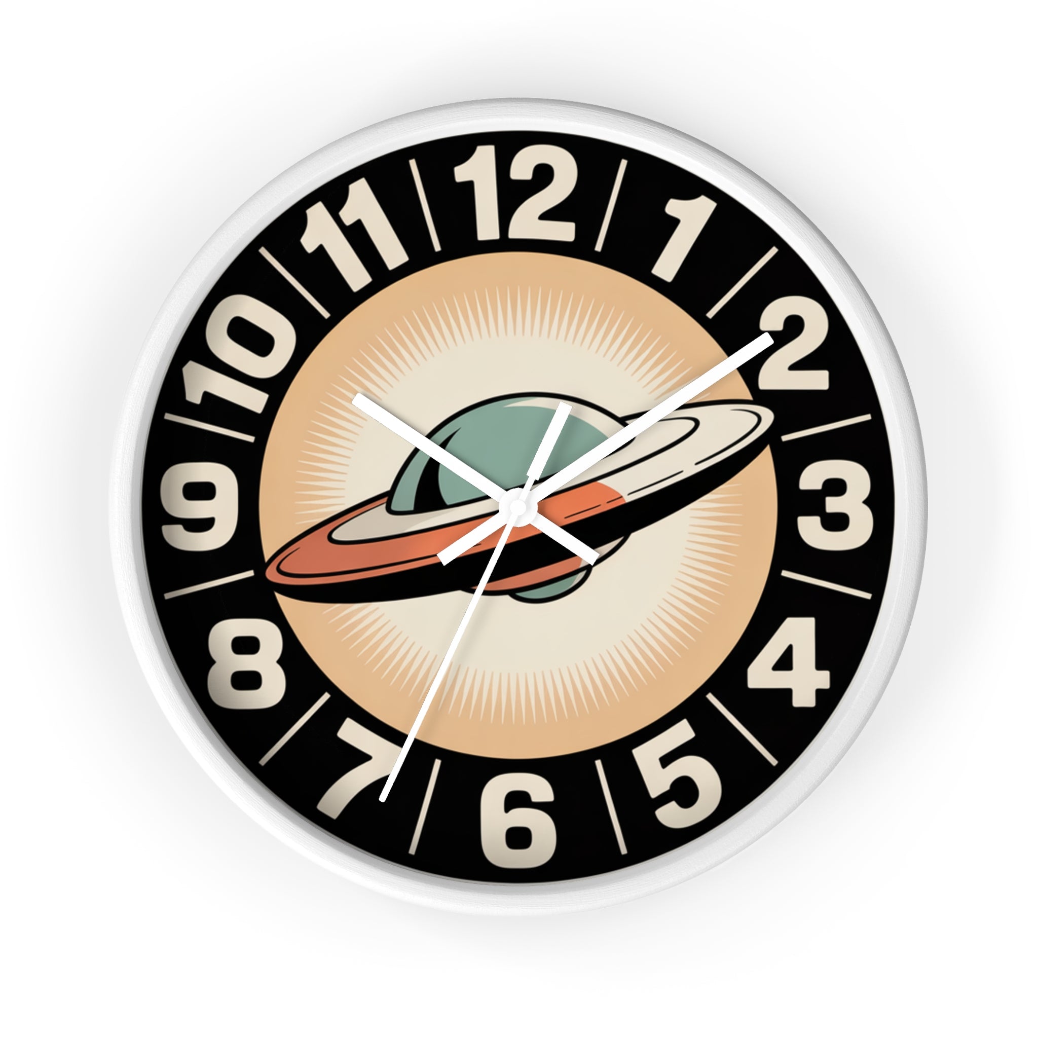 Mid Century Modern Clock, Retro UFO Wall Clock, Space Age Flying Saucer Design, Atomic Starburst Dial, 1950s Sci Fi Decor