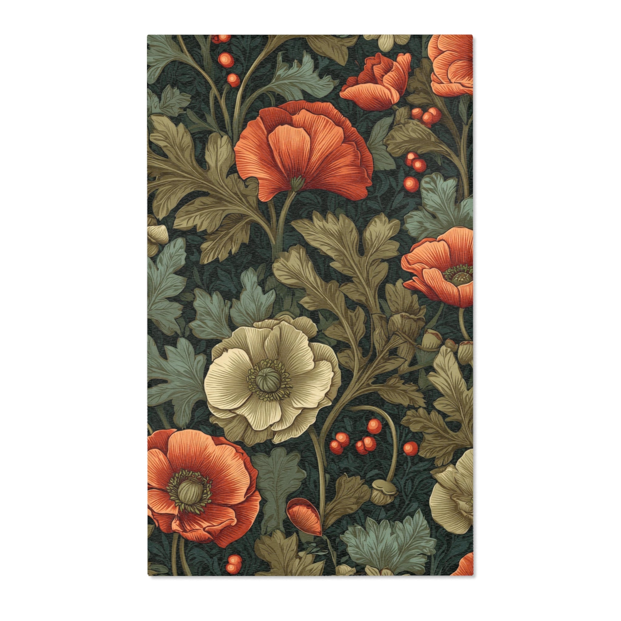 William Morris Botanical Poppy Area Rug | Coral Orange, Teal Green Arts & Crafts