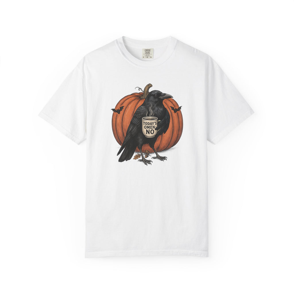 Crow with Coffee 'Today? Omen NO' Pumpkin T-Shirt | Halloween Raven Tee