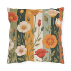 California poppy outdoor pillow with orange and cream flowers on sage green