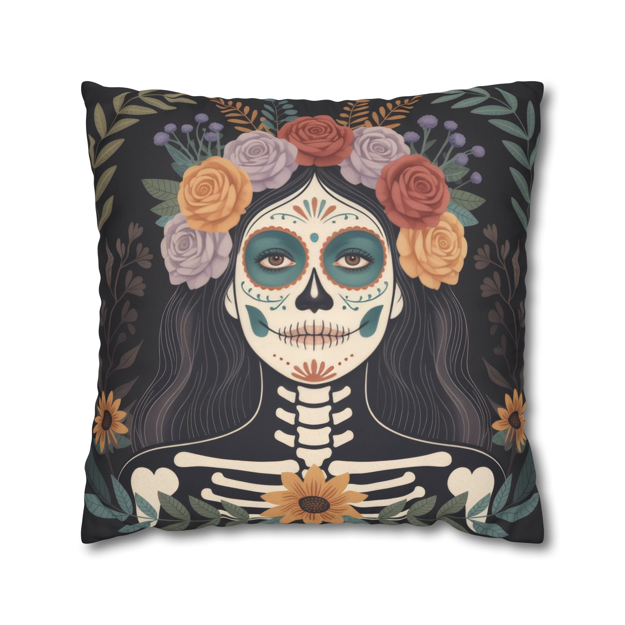 La Catrina Faux Suede Pillow Cover, Colorful Day of the Dead Floral Skull Decor