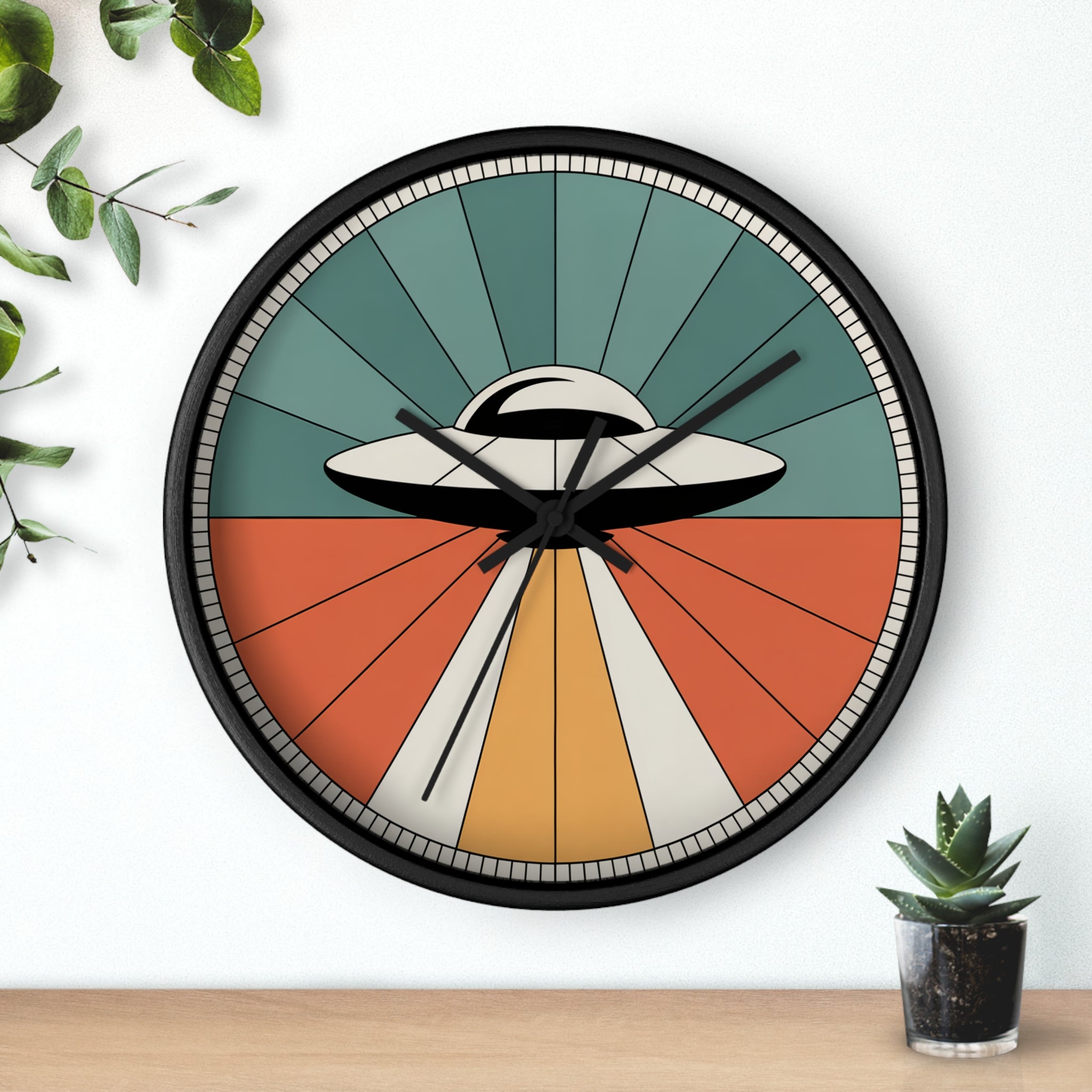 Mid Century Modern Clock, UFO Sunburst Wall Clock, 1950s Space Age Poster Style, Teal Orange Retro Sci Fi Decor, Atomic Starburst Dial