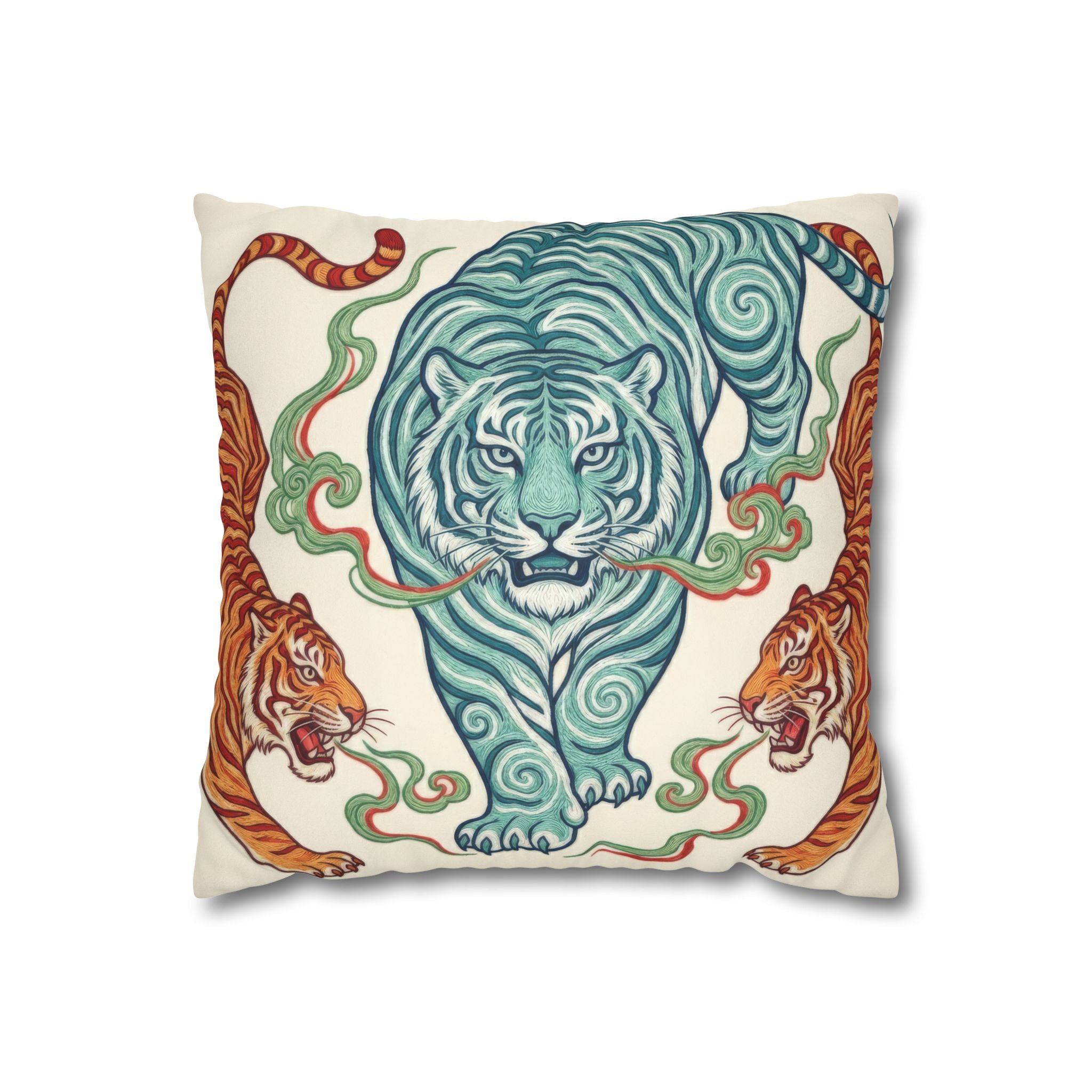 Chinoiserie Tiger Faux Suede Pillow Cover | Teal & Amber Eastern Motif Design