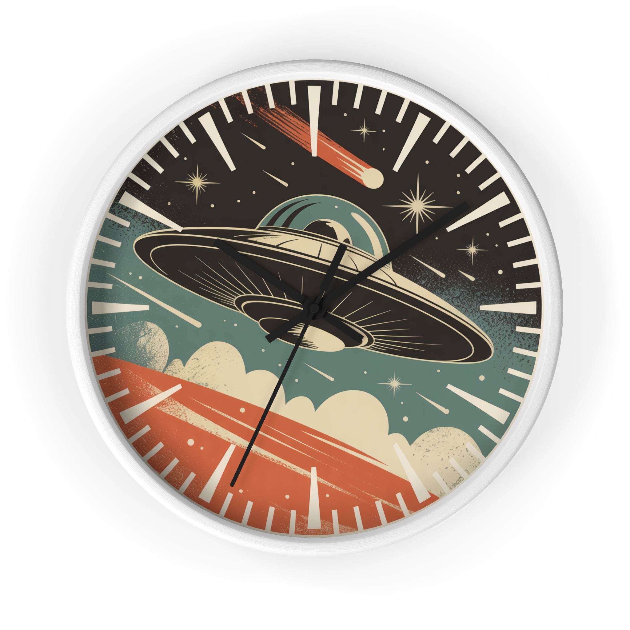 Mid Century Modern Clock, Vintage UFO Wall Clock, Retro Sci Fi Space Decor, 1950s Pulp Magazine Style, Flying Saucer Starburst Clock