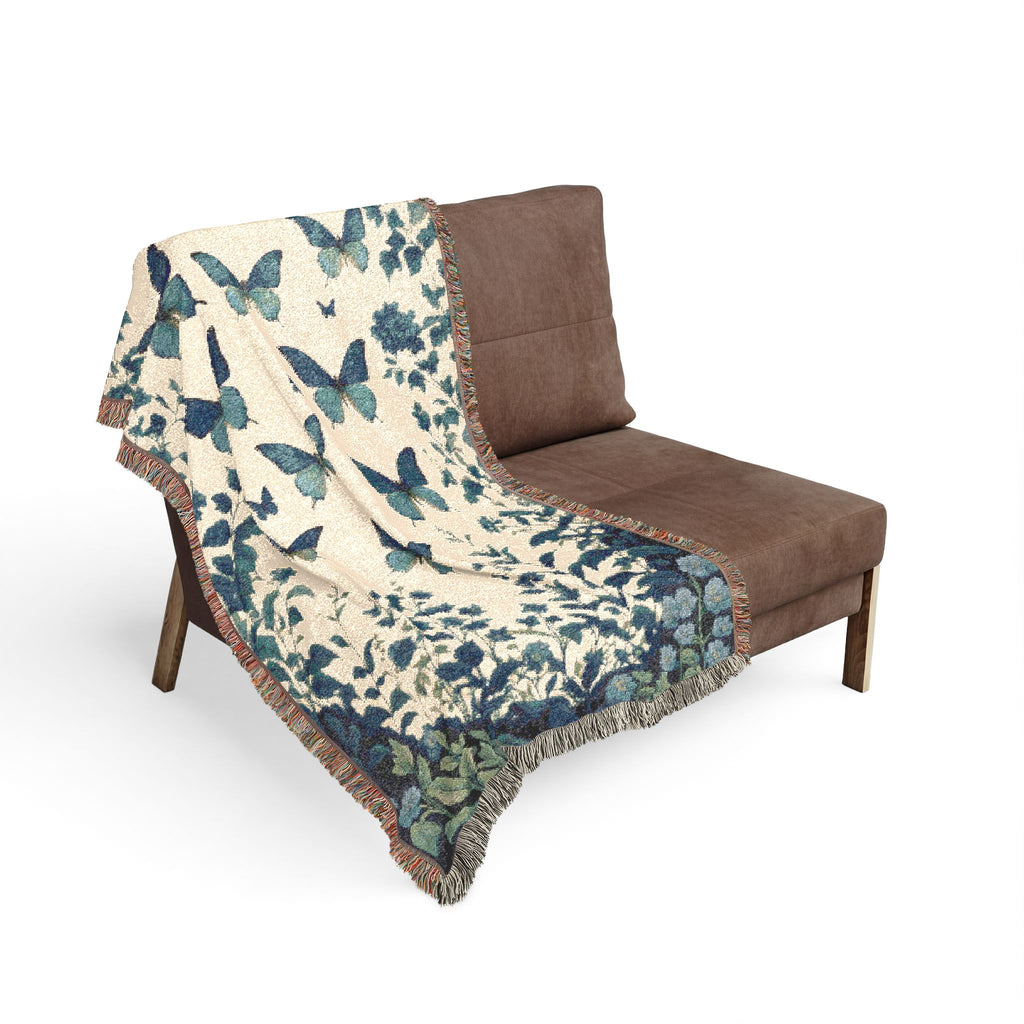 Blue Butterfly Botanical Woven Blanket | Cottagecore Throw
