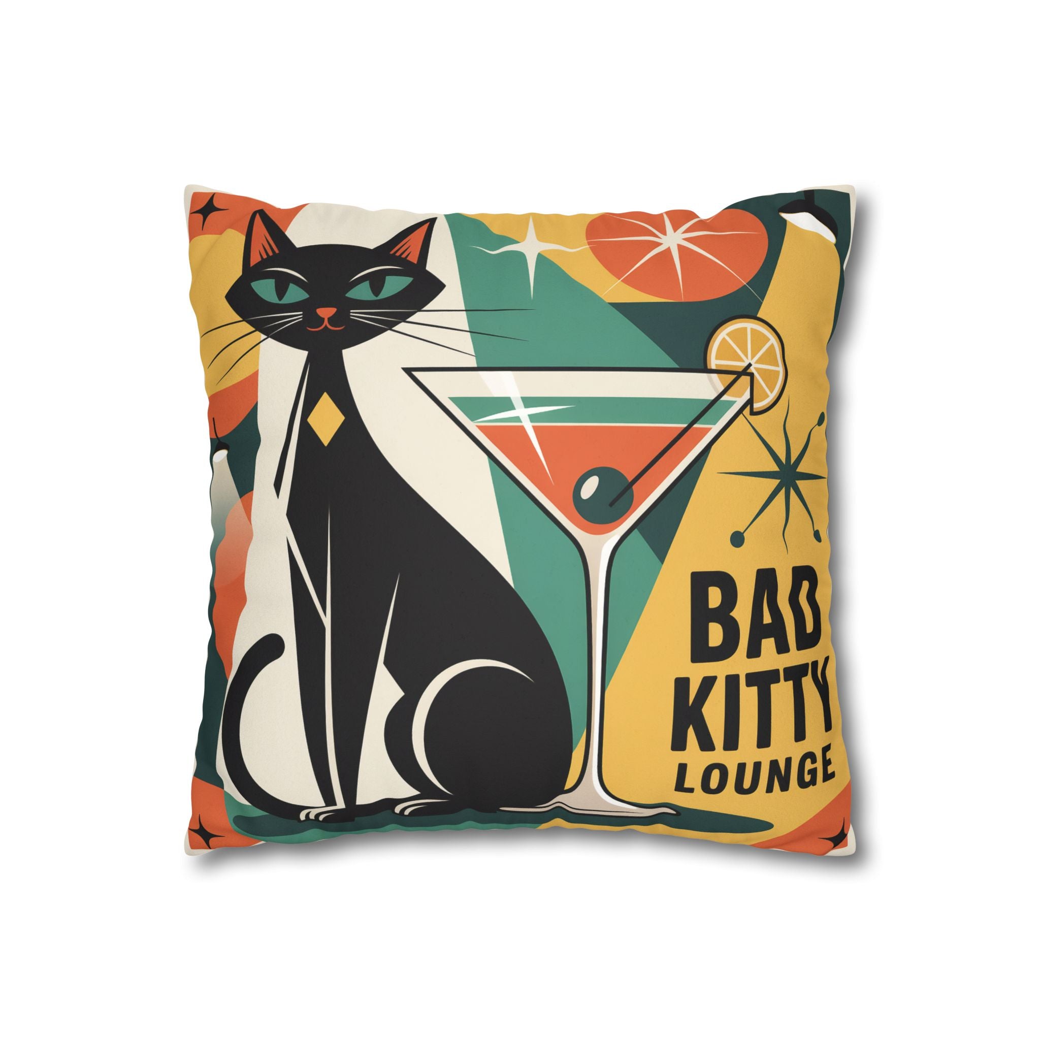 Bad Kitty Mid Century Modern Faux Suede Square Pillowcase | Retro Cat Accent