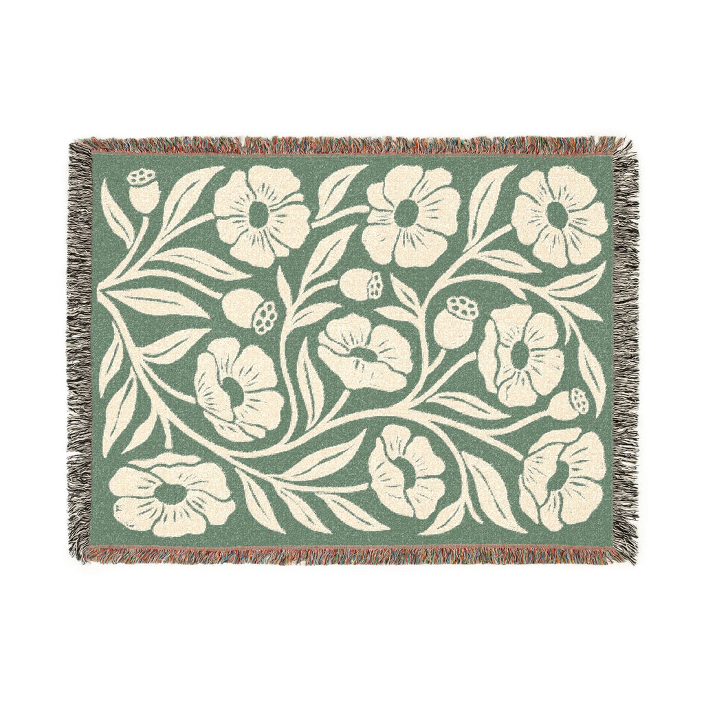 Botanical Floral Pattern Woven Blanket | Green Sage Cream Flower Throw