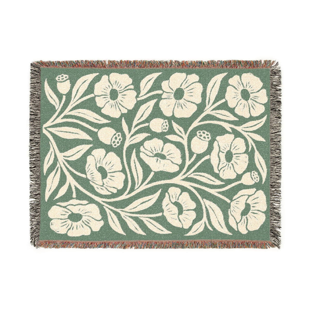 Botanical Floral Pattern Woven Blanket | Green Sage Cream Flower Throw