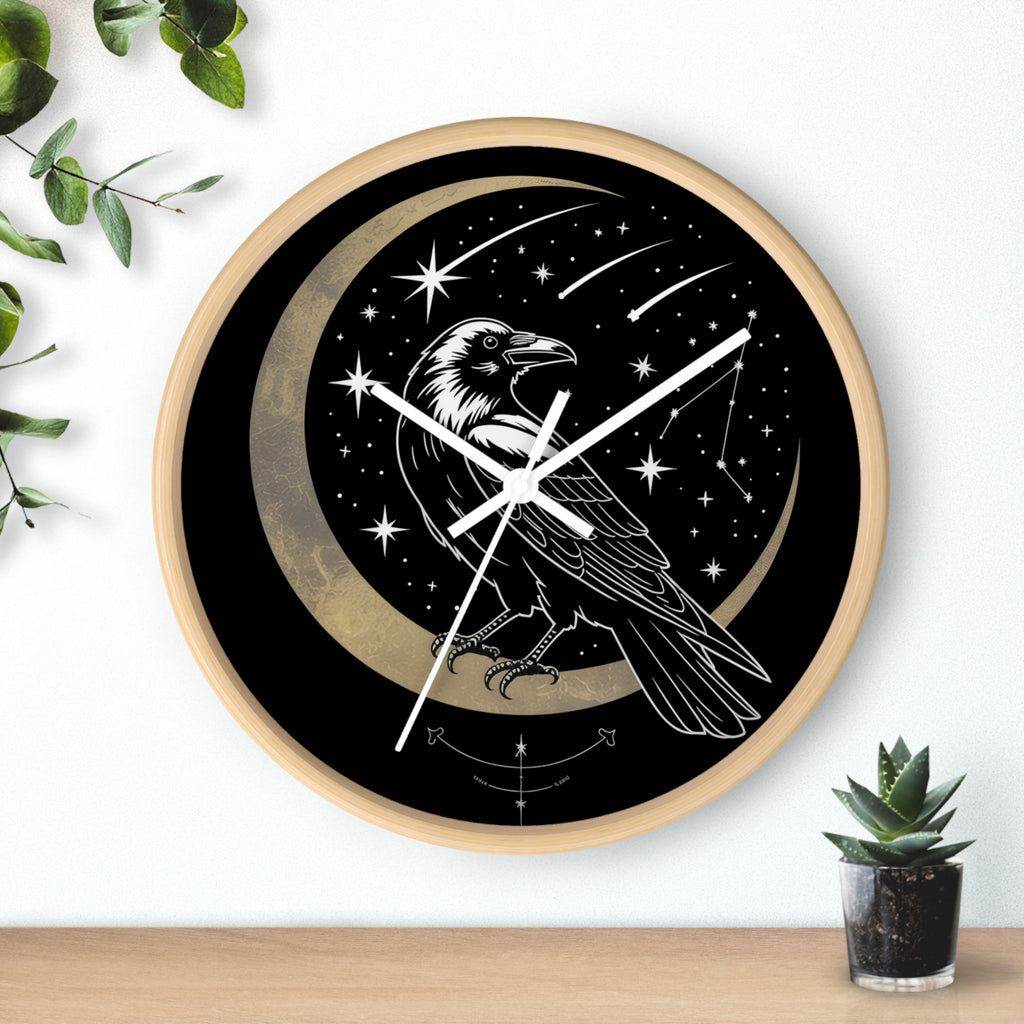 Raven Crescent Moon Wall Clock | Gothic Celestial Stars, Witchy Dark Academia