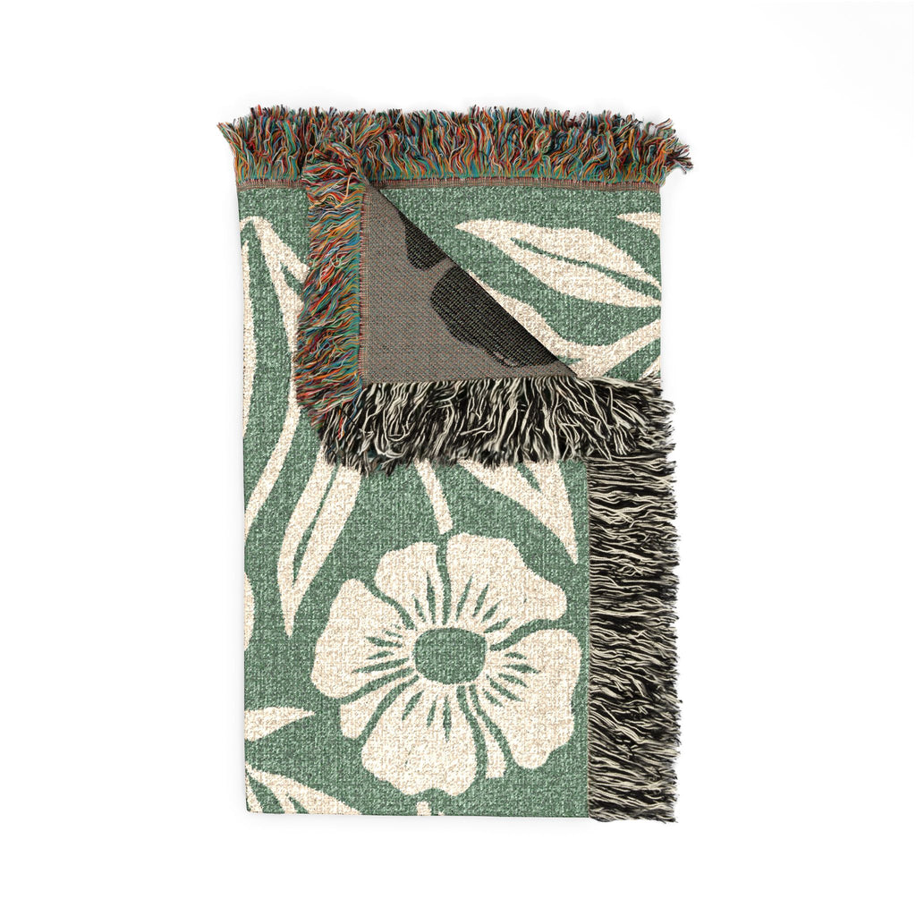 Botanical Floral Pattern Woven Blanket | Green Sage Cream Flower Throw