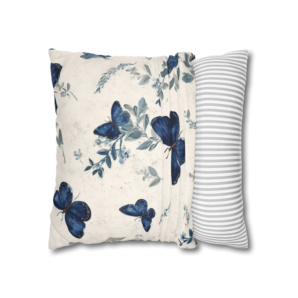 Blue Butterfly Botanical Faux Suede Pillowcase | Sapphire Cobalt Butterflies