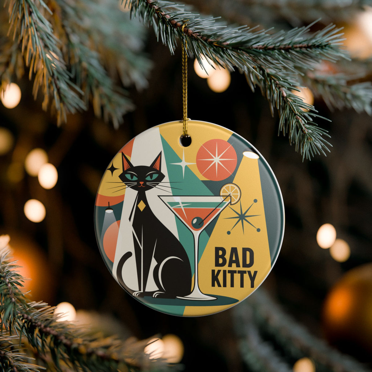 Bad Kitty Cocktail Ornament | Retro Black Cat Christmas Gift