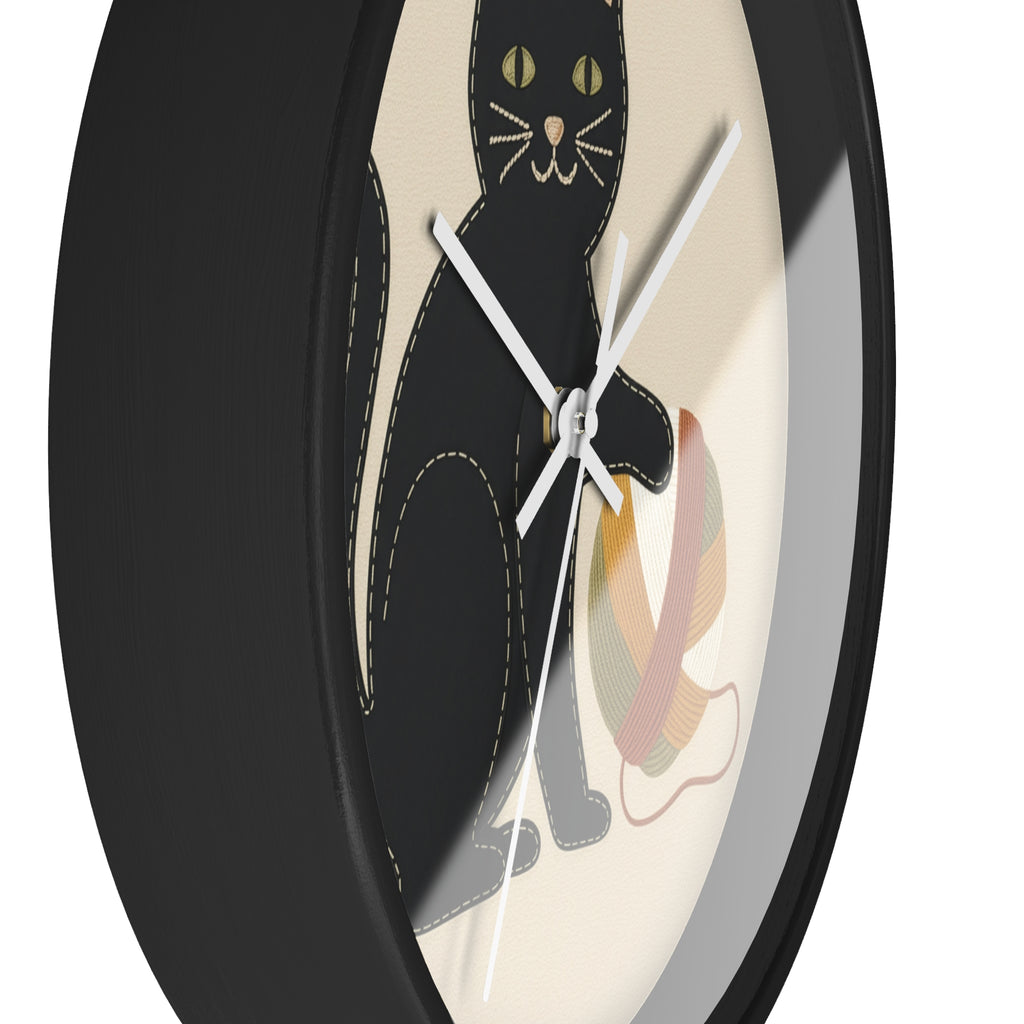 Black Cat Yarn Wall Clock, Modern Minimalist Cat Decor, Knitting & Crochet Lover Gift, Playful Nursery or Craft Room Clock