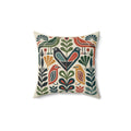 Mid-Century Folk Bird Throw Pillow, Geometric Botanical Cushion, Retro Modern Accent Pillow