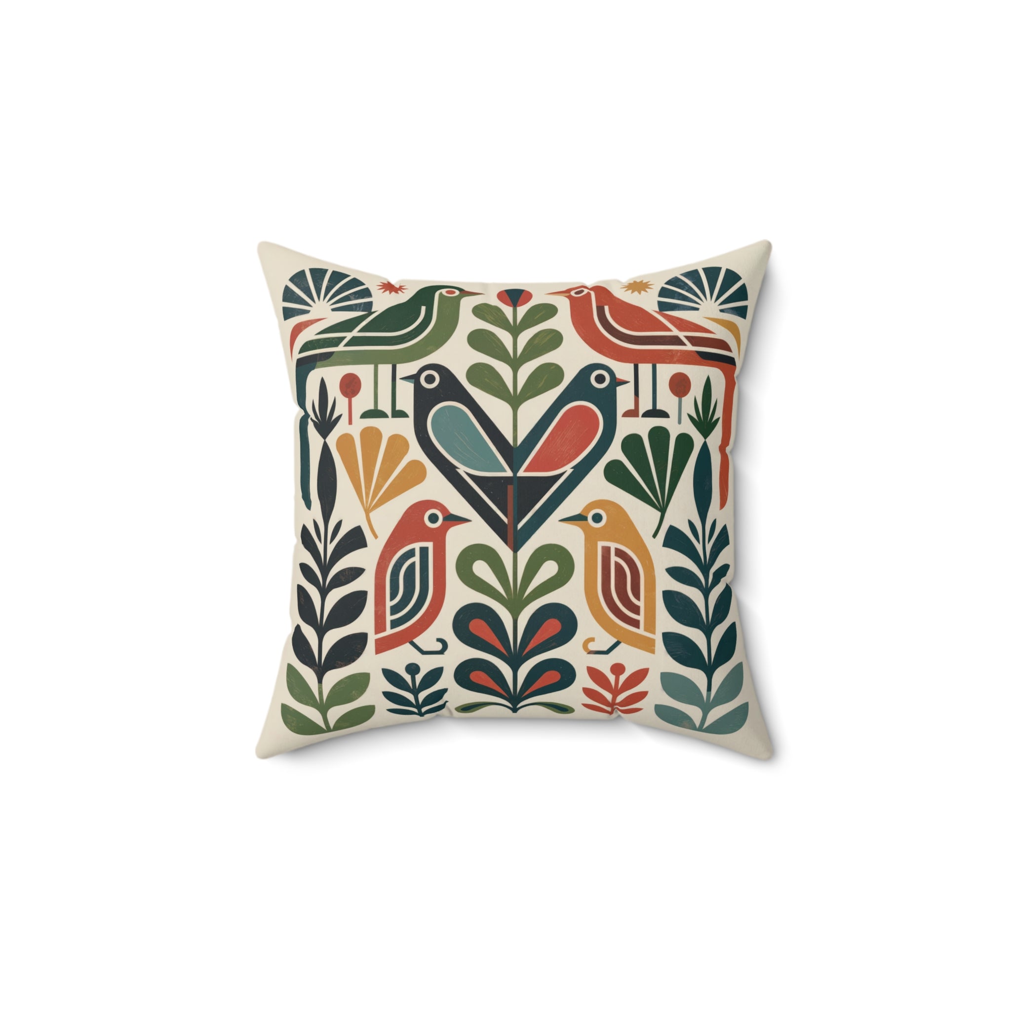 Mid-Century Folk Bird Throw Pillow, Geometric Botanical Cushion, Retro Modern Accent Pillow