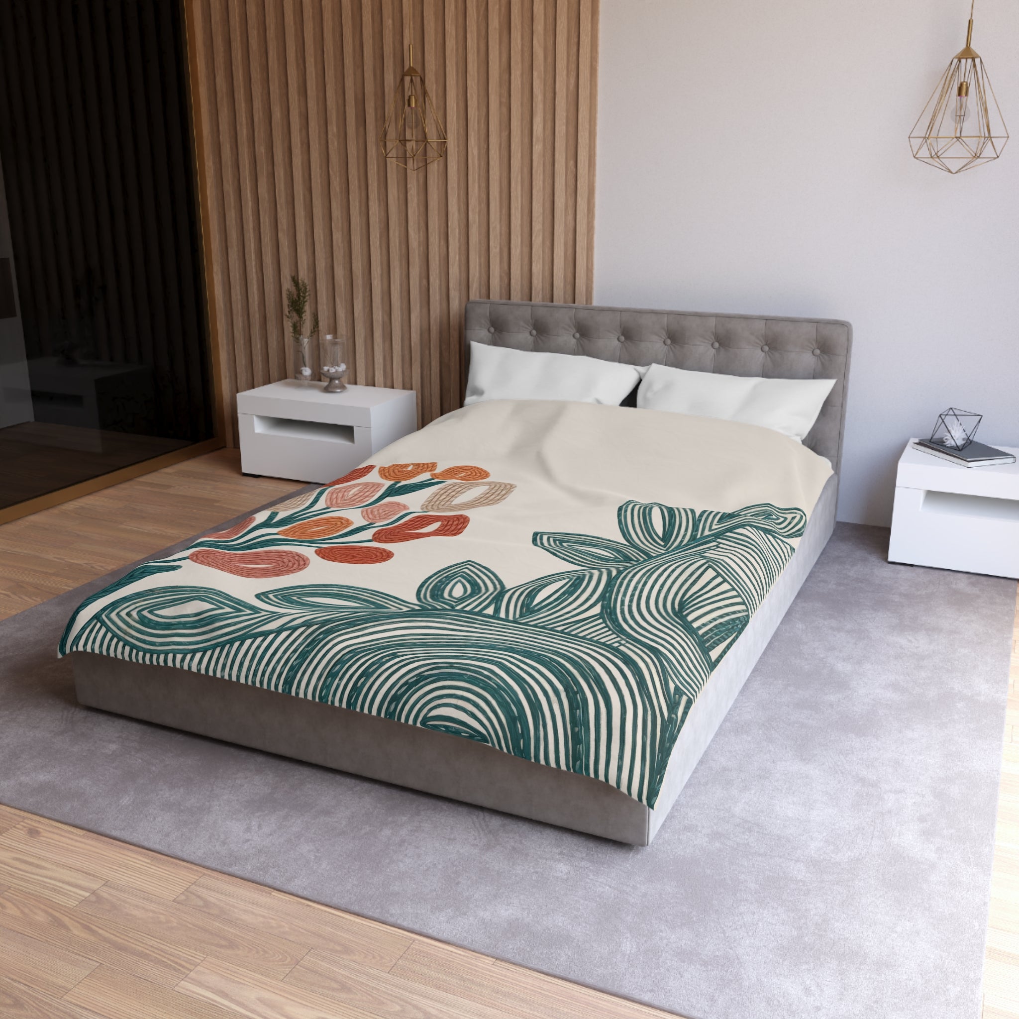 Modern Folk Botanical Duvet Cover | Boho | Mid-Century Floral, Terracotta Teal