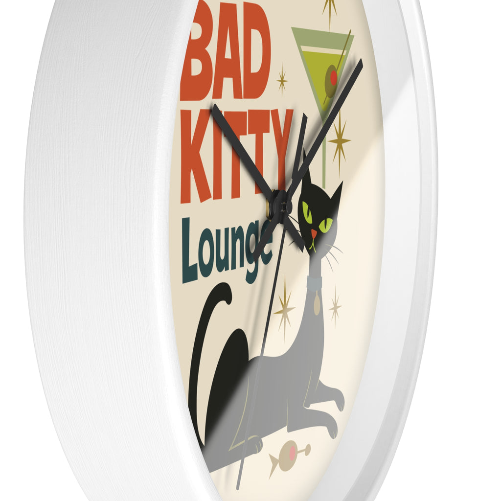 Bad Kitty Lounge Wall Clock | Mid Century Cat Martini Retro Kitchen Decor