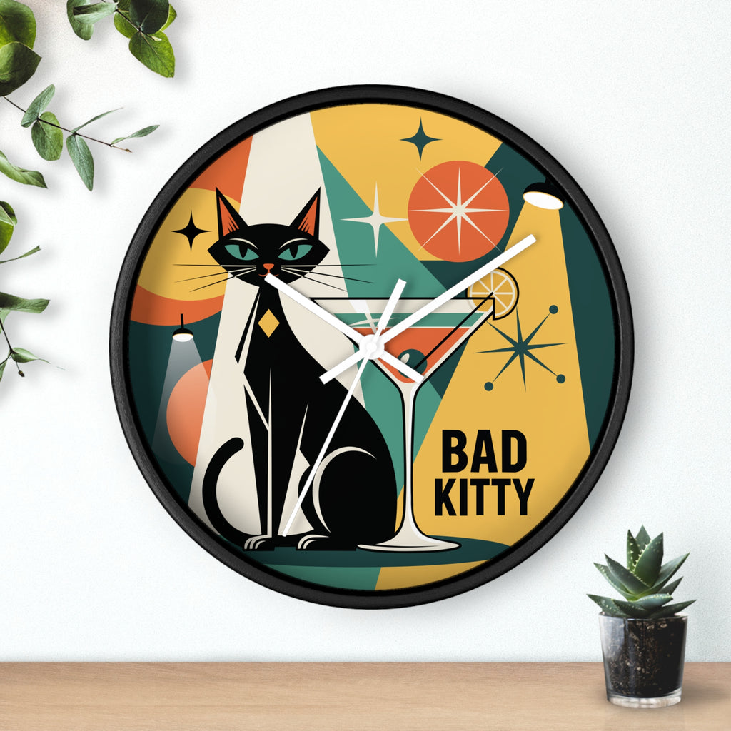 Bad Kitty Retro Cat Martini Wall Clock | Mid Century Modern Kitchen Decor