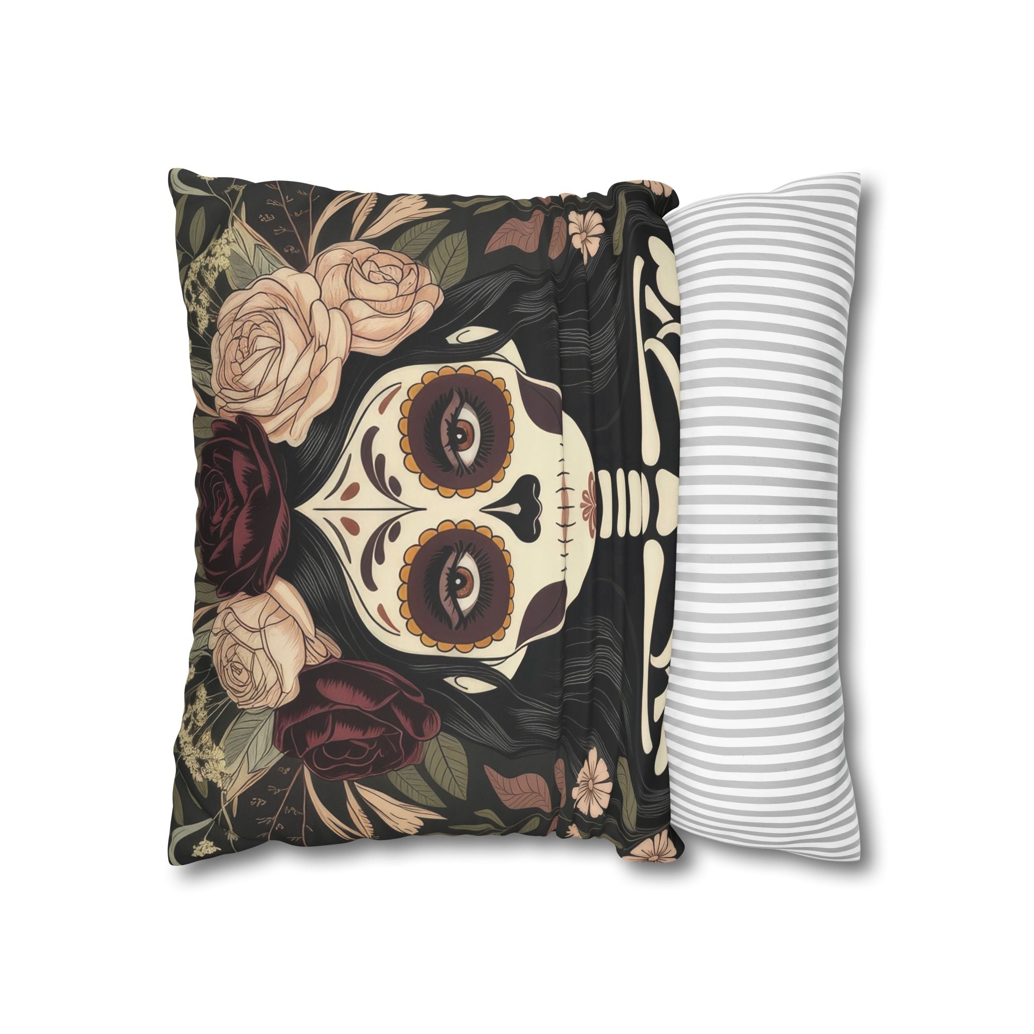 Gothic La Catrina Throw Pillow | Faux Suede Sugar Skull Cushion Cover, Dark Boho Decor