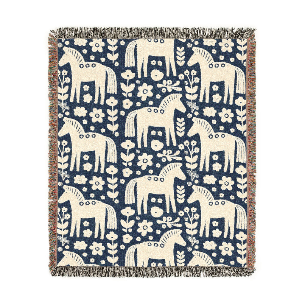 Scandinavian Dala Horse Woven Throw Blanket  | Nordic Folk Art Throw