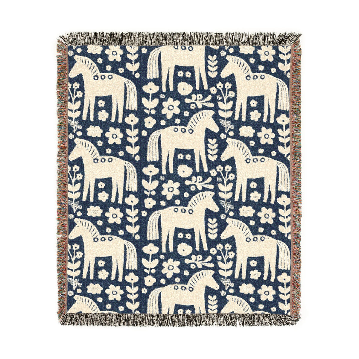 Scandinavian Dala Horse Woven Throw Blanket  | Nordic Folk Art Throw