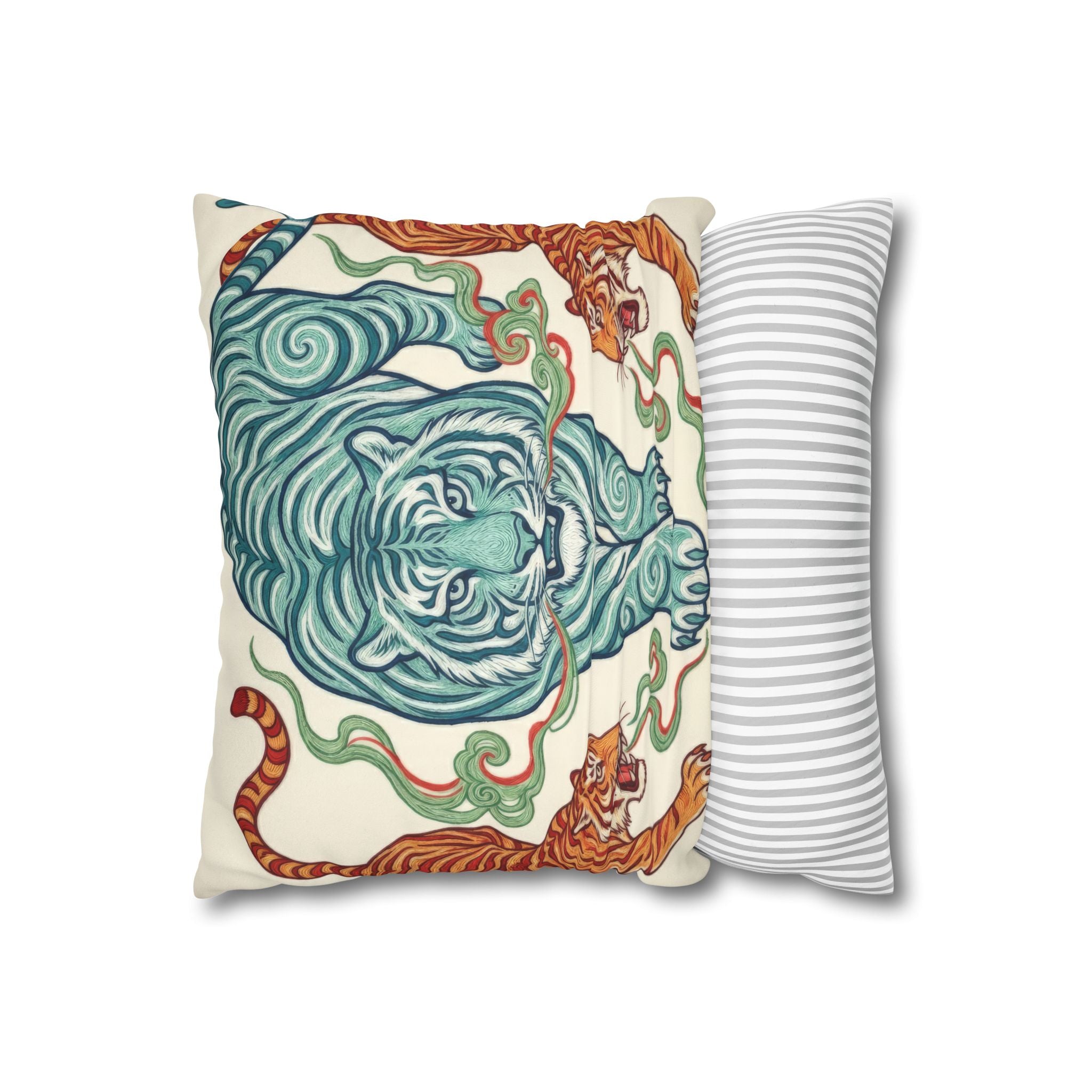 Chinoiserie Tiger Faux Suede Pillow Cover | Teal & Amber Eastern Motif Design